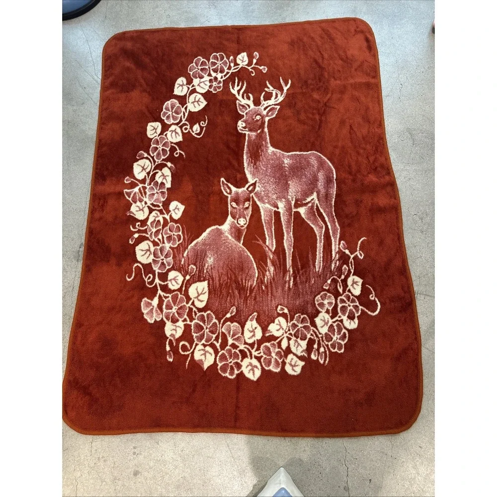 Vintage San Marcos Blanket Cobertor Sz95x68 Deer Doe Ivy Brown Cream Reversible